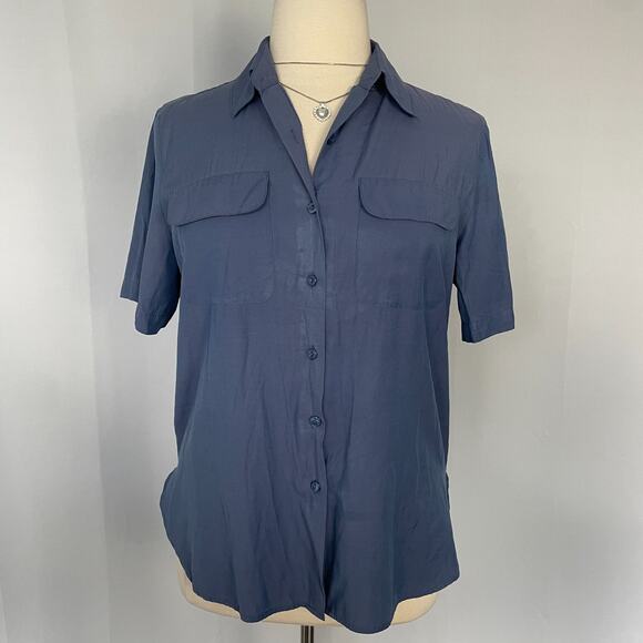 Vintage Casual Top Size XL Blue Solid Short Sleeve Button Pocket Minimal Relaxed - Picture 1 of 11